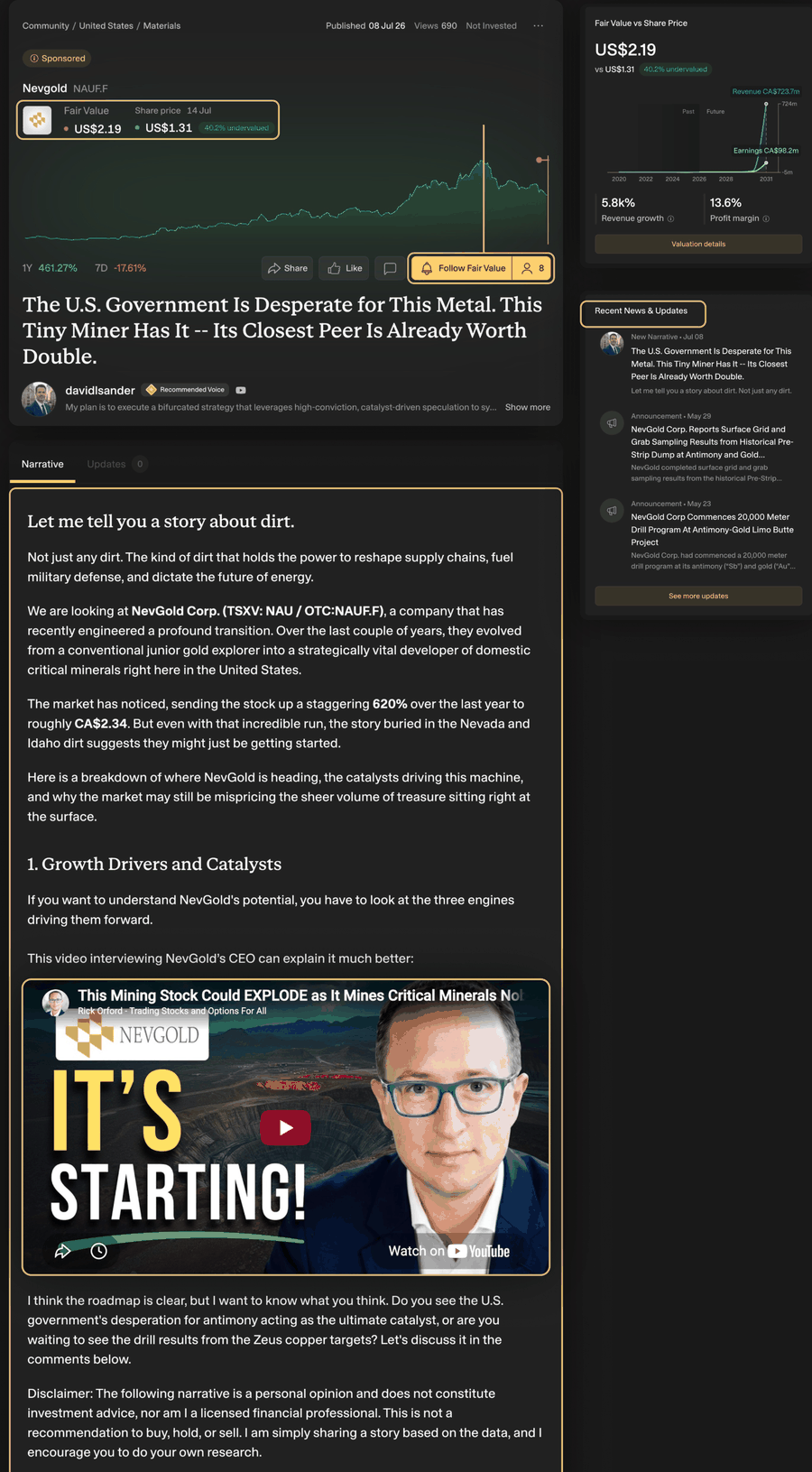 A Simply Wall St narrative page, showing the fair value and price target, the Follow Fair Value button, the written analysis, a company video, and the news and updates sidebar.